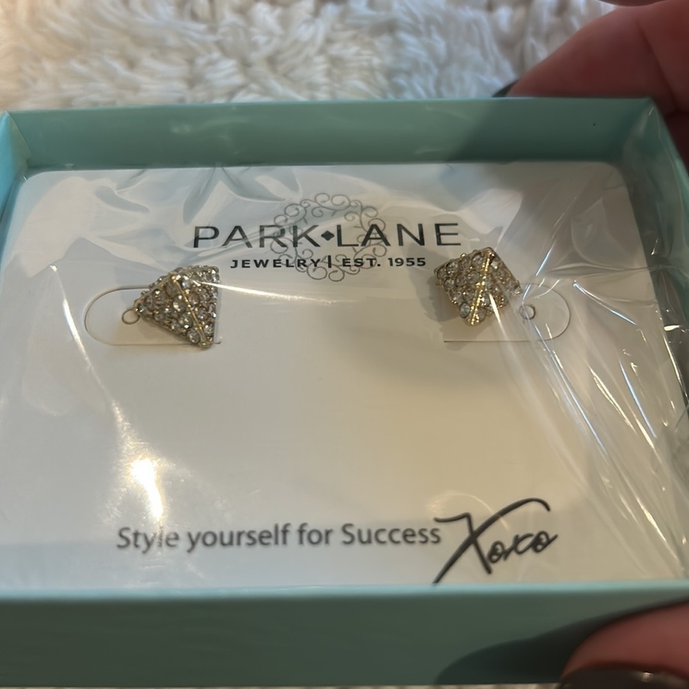 New | Park Lane Cleo Earrings Golden Pyramids Encrusted with Mini Crystals - Picture 4 of 5